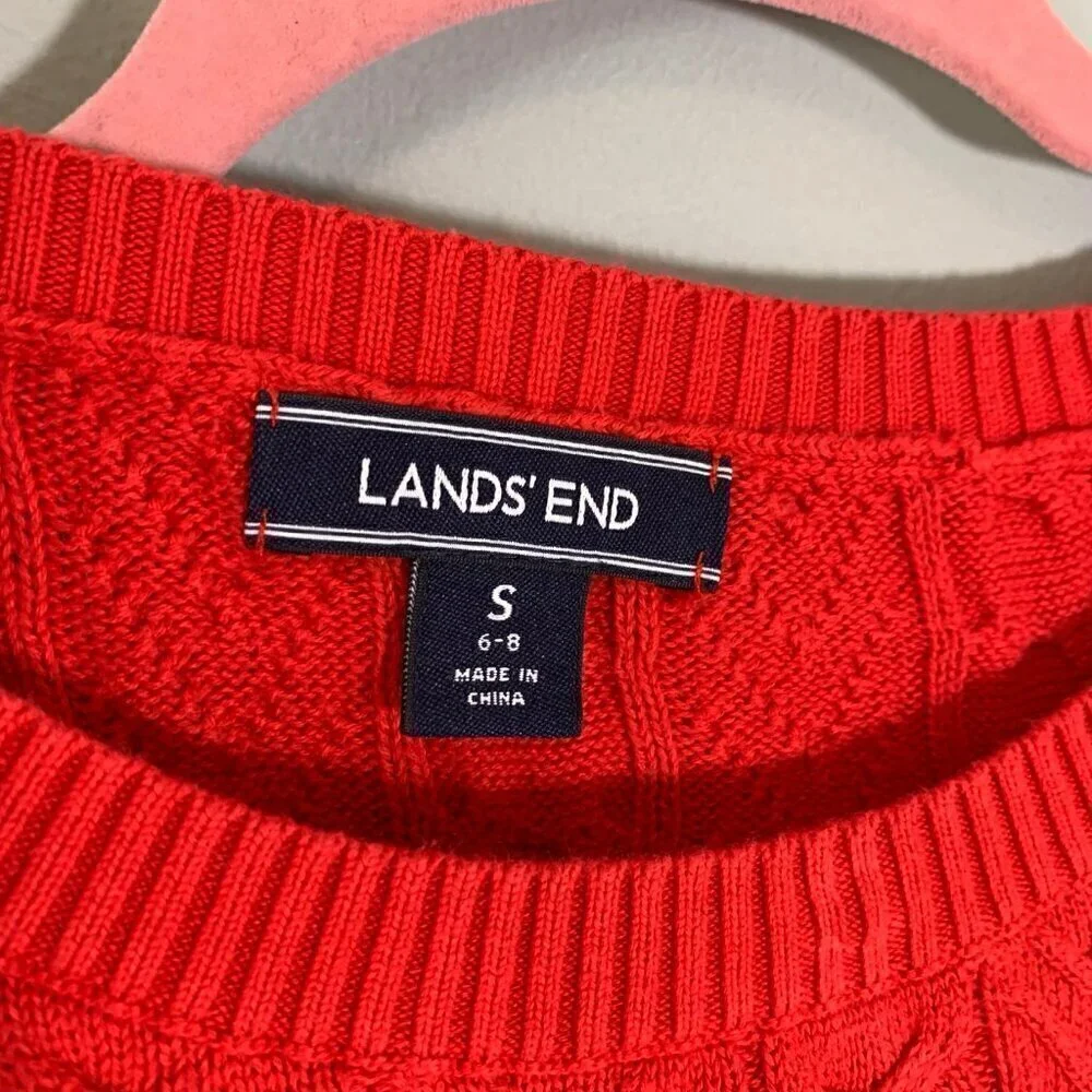 Lands' End Womens‎ Red Cotton Cable Knit Crewneck Sweater Size Small 6-8